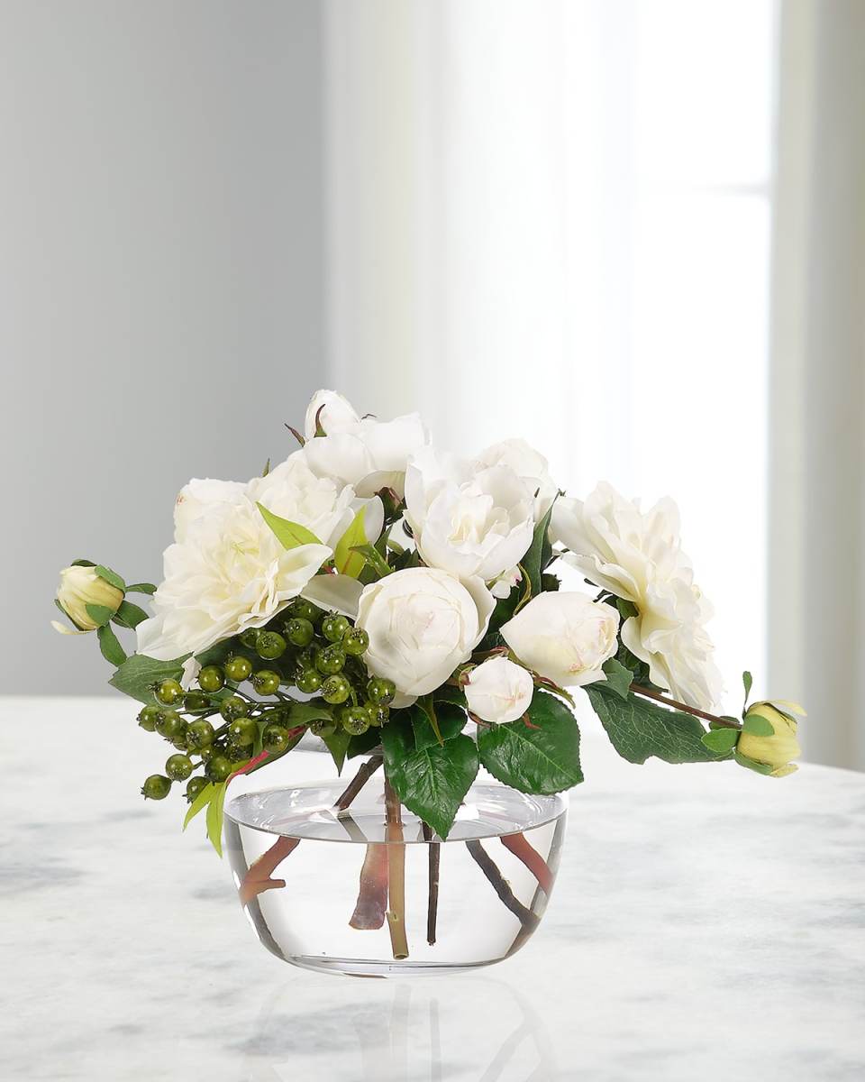 Dahlias & Roses 13" Faux Floral Arrangement in Glass Vase